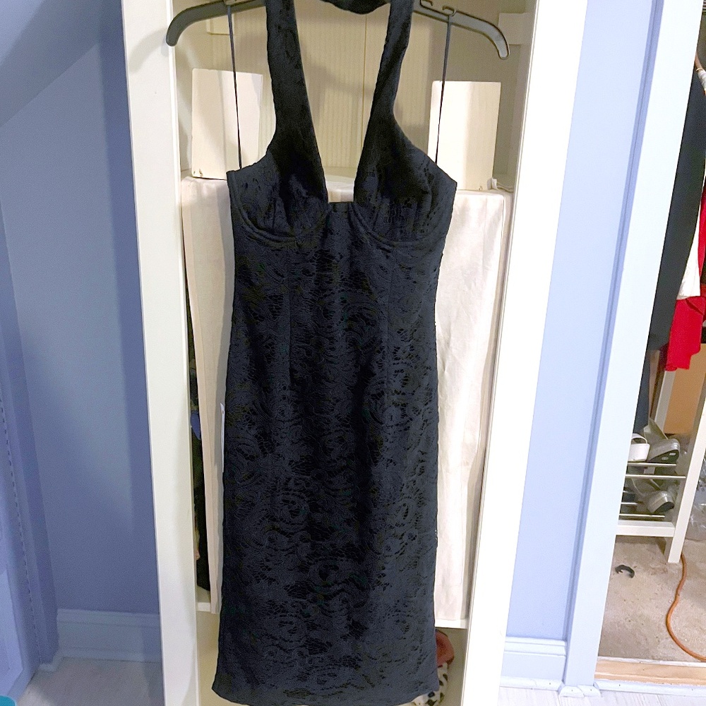 Bardot Halter Navy boned Lace Dress Size Small